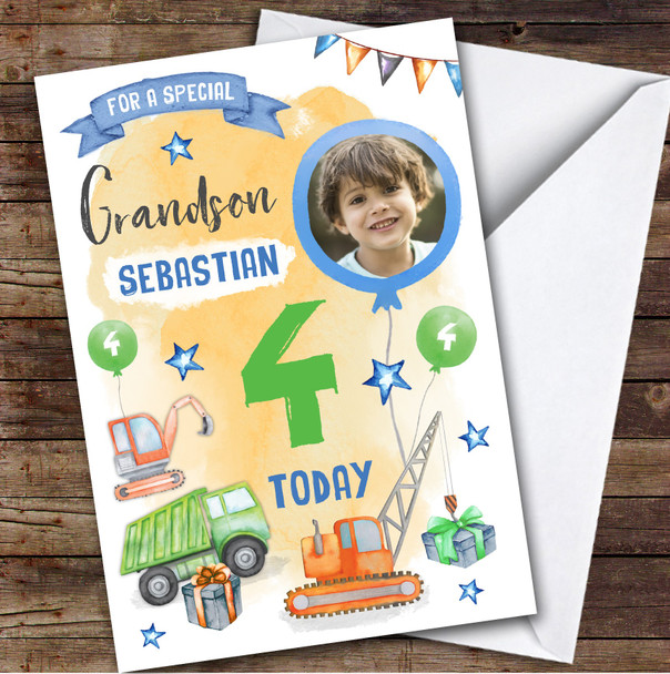 Boy's Truck Construction Digger Photo Grandson 4th Birthday Personalized Card
