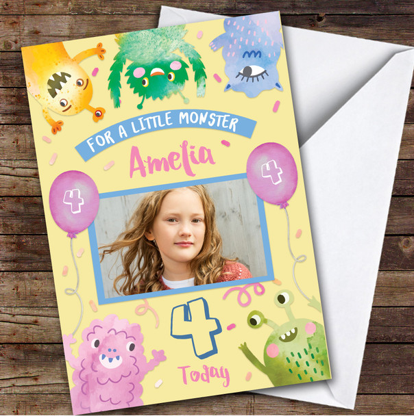 Girl's Little Monster Girl's Cute Yellow Photo 4th Birthday Personalized Card