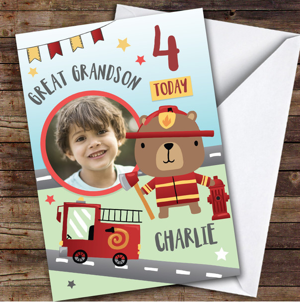 Boy's Fireman Fire truck Photo Great Grandson 4th Birthday Personalized Card