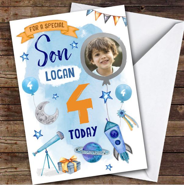 Boy's Space Rocket Astronaut Rocket Photo Son 4th Birthday Personalized Card