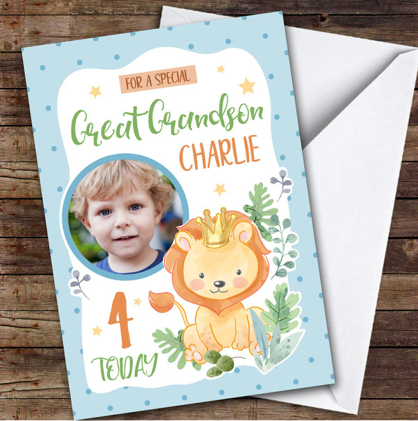 Boy's Lion Blue Photo Great Grandson 4th Birthday Personalized Birthday Card