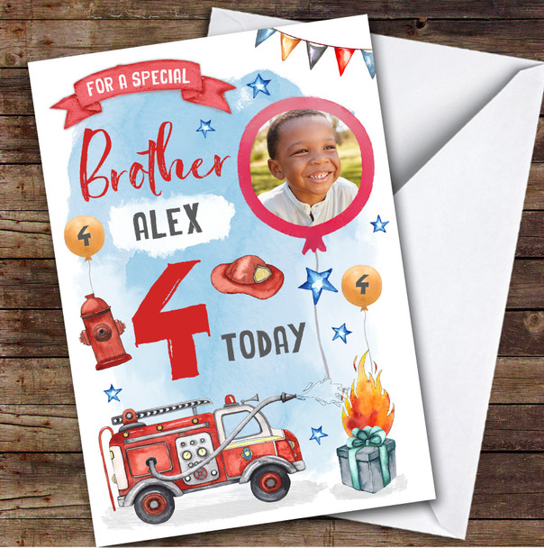 Boy's Fire Engine Truck Digger Photo Brother 4th Birthday Personalized Card