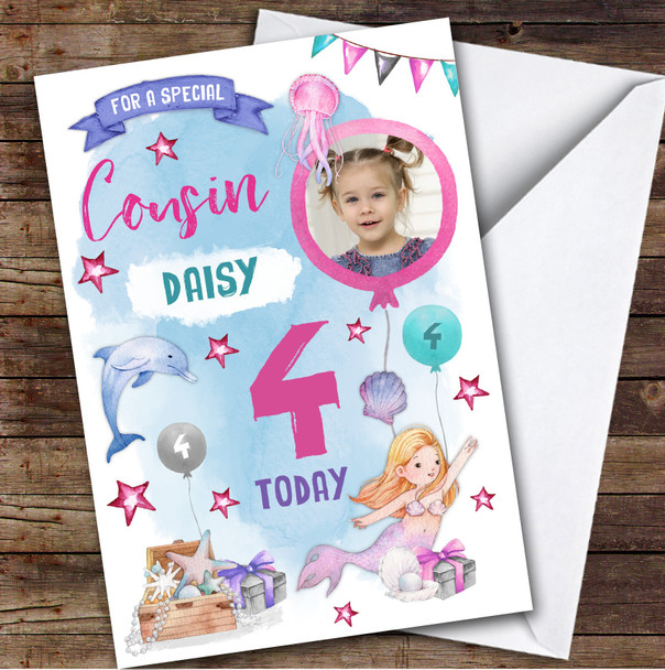 Girl's Mermaid Dolphin Photo Cousin 4th Birthday Personalized Birthday Card