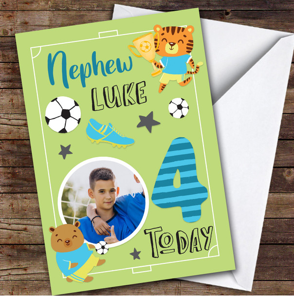 Boy's Football Animals Photo Nephew 4th Birthday Personalized Birthday Card