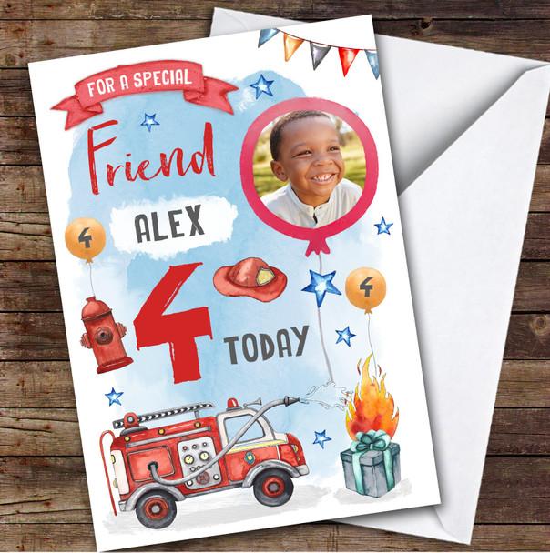 Boy's Fire Engine Truck Digger Photo Friend 4th Birthday Personalized Card