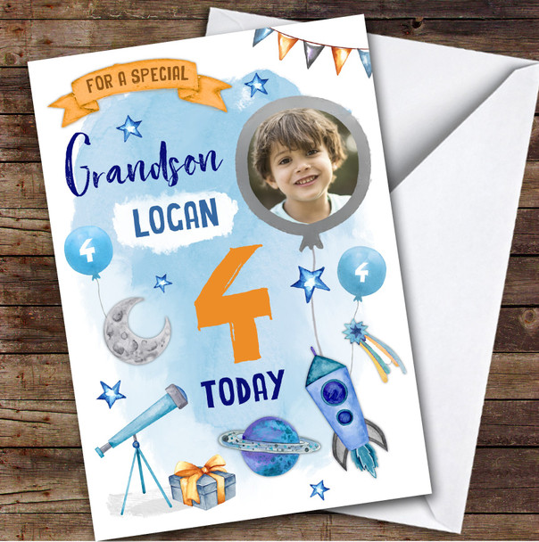Boy's Space Rocket Astronaut Photo Grandson 4th Birthday Personalized Card
