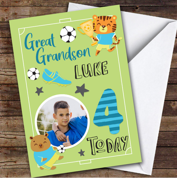 Boy's Football Animals Photo Great Grandson 4th Birthday Personalized Card