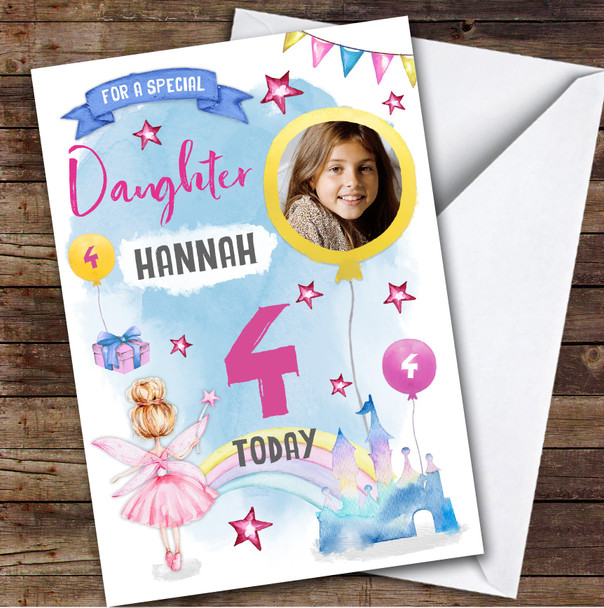 Girl's Fairy Magical Castle Photo Daughter 4th Birthday Personalized Card