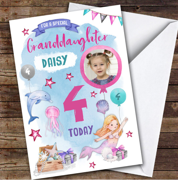 Girl's Mermaid Dolphin Photo Granddaughter 4th Birthday Personalized Card