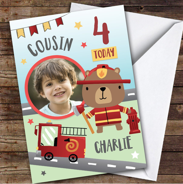 Boy's Fireman Bear Fire truck Photo Cousin 4th Birthday Personalized Card