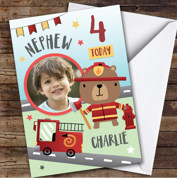 Boy's Fireman Bear Fire truck Photo Nephew 4th Birthday Personalized Card Boy's Fireman Bear Fire truck Photo Nephew 4th Birthday Personalized Card