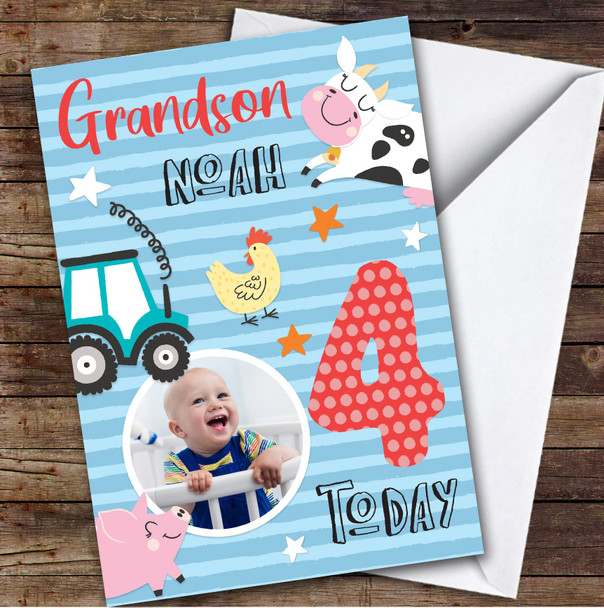 Boy's Farm Animals Photo Grandson 4th Birthday Personalized Birthday Card