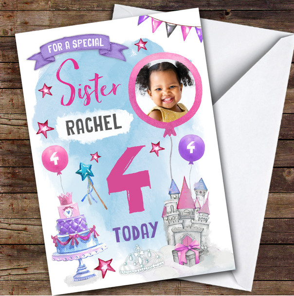 Girl's Princess Castle Crown Photo Sister 4th Birthday Personalized Card