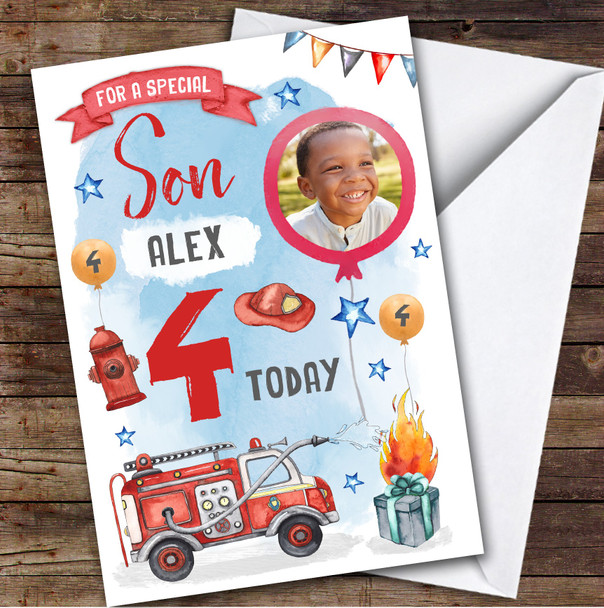 Boy's Fire Engine Truck Digger Photo Son 4th Birthday Personalized Card