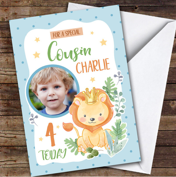 Boy's Lion Blue Photo Cousin 4th Birthday Personalized Birthday Card