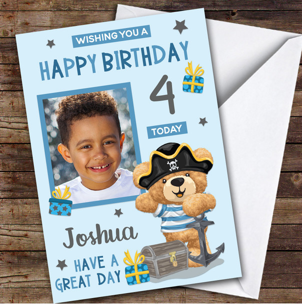 Boy's Pirate Bear Blue Photo 4th Birthday Personalized Birthday Card