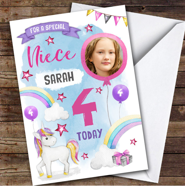 Girl's Unicorn Photo Niece 4th Birthday Personalized Birthday Card