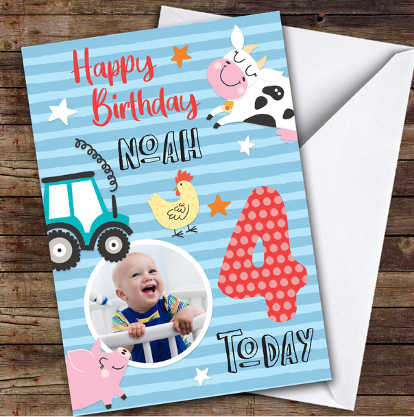 Boy's Farm Animals Photo 4th Birthday Personalized Birthday Card