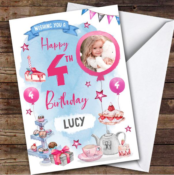 Girl's Tea Party Photo 4th Birthday Personalized Birthday Card