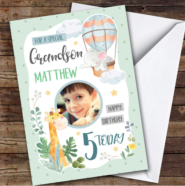 Boy's Hot Air Balloon Animal Green Photo Grandson 5th Birthday Personalized Card