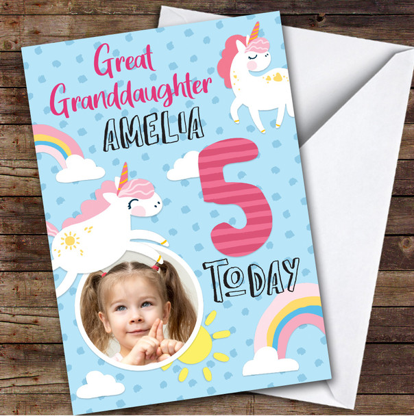 Girl's Unicorn Rainbow Photo Great Granddaughter 5th Birthday Personalized Card