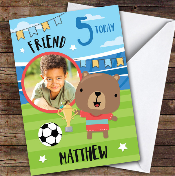 Boy's Football Bear Trophy Photo Friend 5th Birthday Personalized Birthday Card