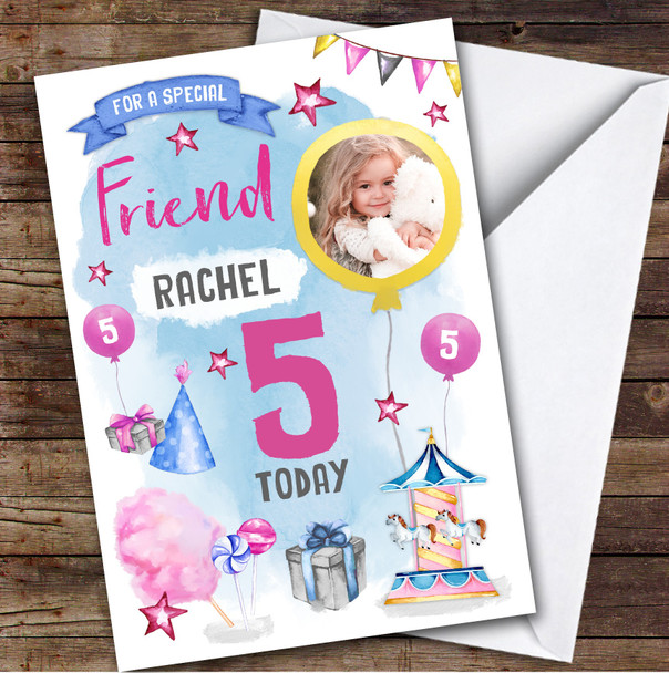 Girl's Fun Fair Candy Floss Sweets Photo Friend 5th Birthday Personalized Card Girl's Fun Fair Candy Floss Sweets Photo Friend 5th Birthday Personalized Card