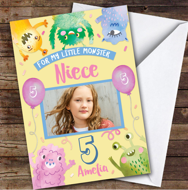 Girl's Little Monster Girl's Yellow Photo Niece 5th Birthday Personalized Card