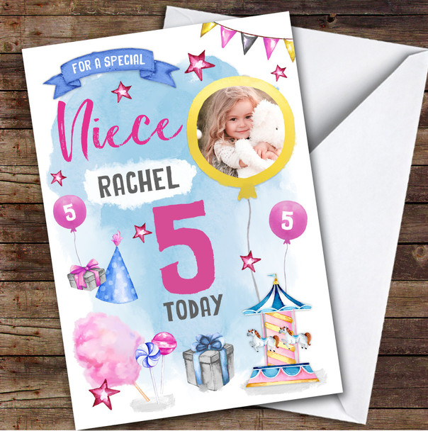 Girl's Fun Fair Candy Floss Sweets Photo Niece 5th Birthday Personalized Card