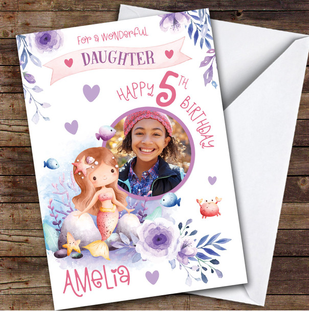 Girl's Mermaid Purple Photo Daughter 5th Birthday Personalized Birthday Card