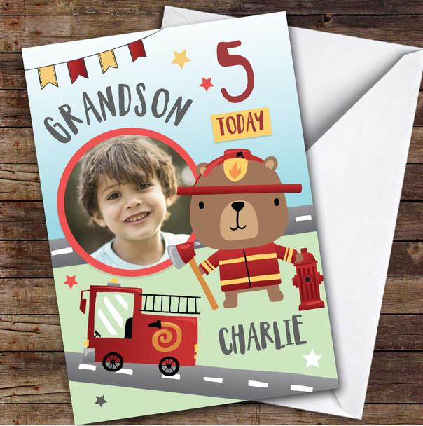 Boy's Fireman Bear Fire truck Photo Grandson 5th Birthday Personalized Card