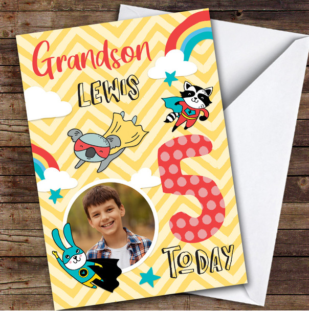 Boy's Superhero Rainbow Comic Photo Grandson 5th Birthday Personalized Card