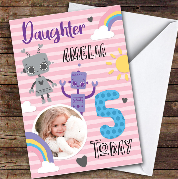 Girl's Robot Rainbow Photo Daughter 5th Birthday Personalized Birthday Card