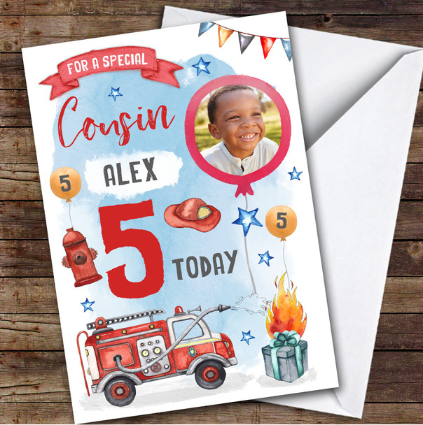 Boy's Fire Engine Truck Digger Photo Cousin 5th Birthday Personalized Card