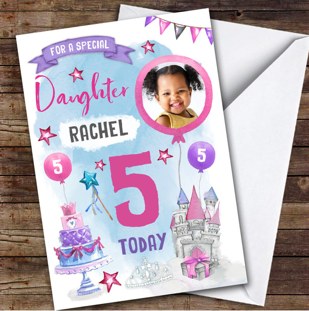 Girl's Princess Castle Crown Photo Daughter 5th Birthday Personalized Card