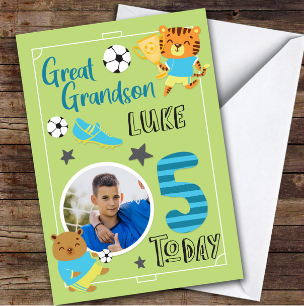 Boy's Football Animals Photo Great Grandson 5th Birthday Personalized Card