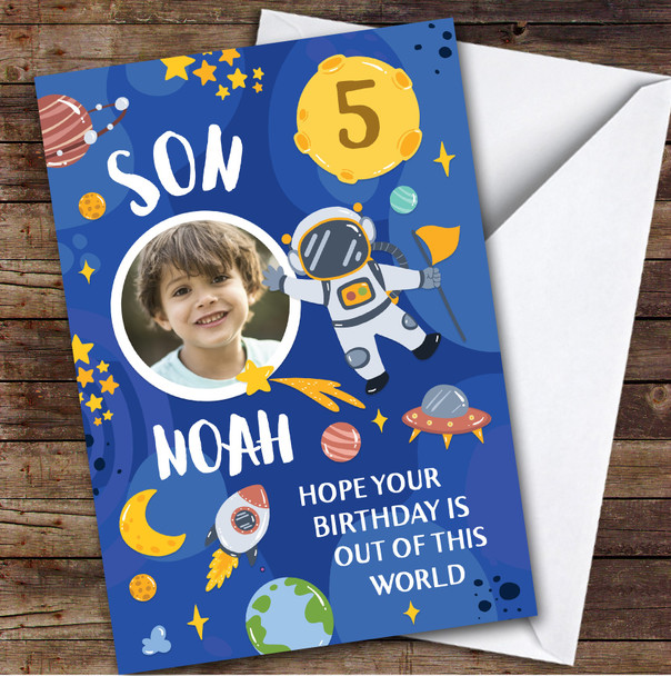 Boy's Space Rocket Astronaut Blue Photo Son 5th Birthday Personalized Card