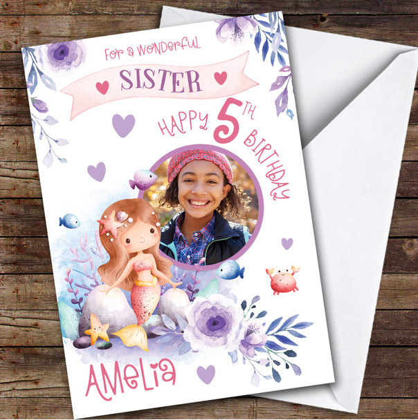 Girl's Mermaid Purple Photo Sister 5th Birthday Personalized Birthday Card