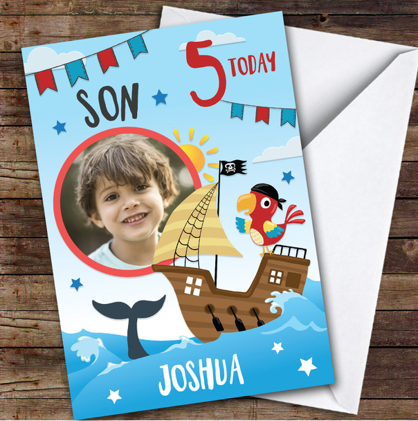 Boy's Pirate Ship Parrot Photo Son 5th Birthday Personalized Birthday Card