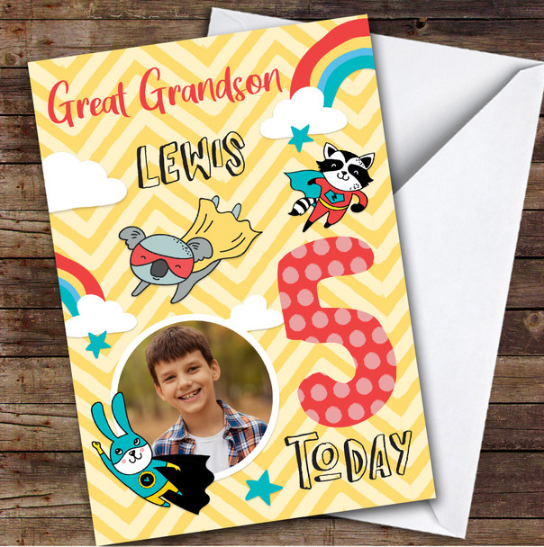 Boy's Superhero Comic Photo Great Grandson 5th Birthday Personalized Card