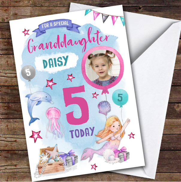 Girl's Mermaid Dolphin Photo Granddaughter 5th Birthday Personalized Card