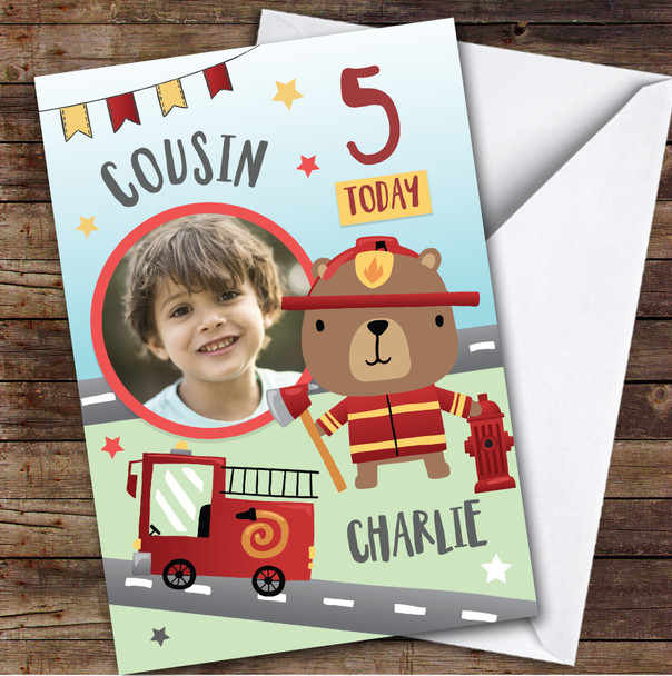 Boy's Fireman Bear Fire truck Photo Cousin 5th Birthday Personalized Card