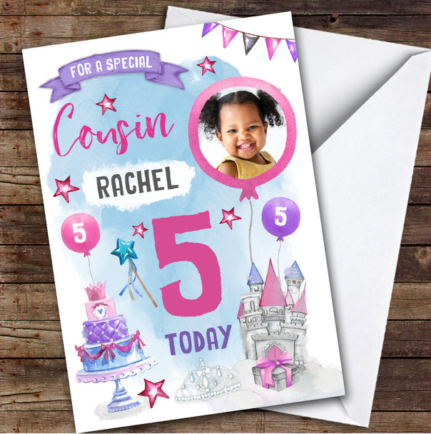 Girl's Princess Castle Crown Photo Cousin 5th Birthday Personalized Card