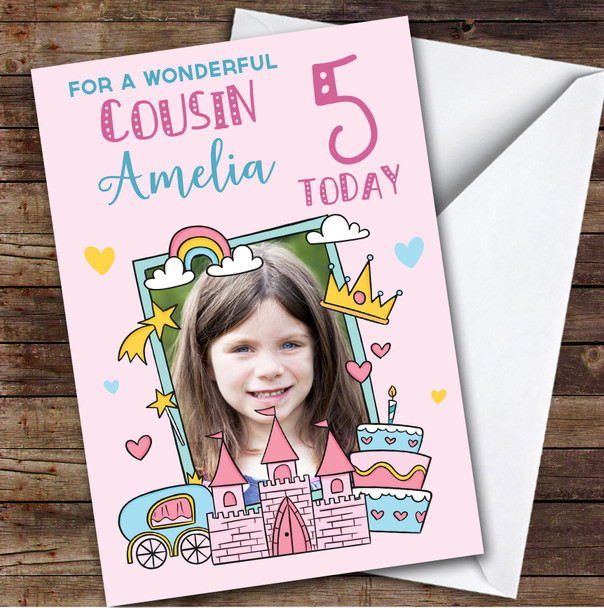 Girl's Princess Rainbow Pink Photo Cousin 5th Birthday Personalized Card