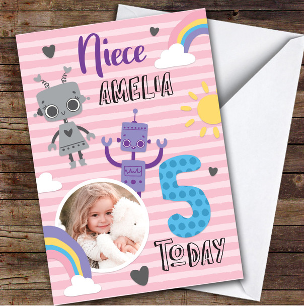 Girl's Robot Rainbow Photo Niece 5th Birthday Personalized Birthday Card