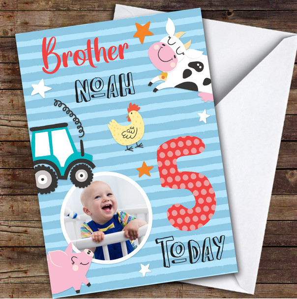 Boy's Farm Animals Photo Brother 5th Birthday Personalized Birthday Card