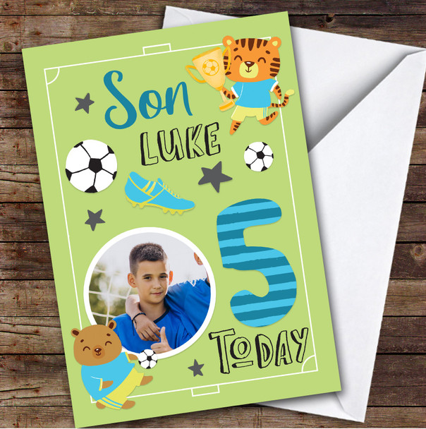 Boy's Football Animals Photo Son 5th Birthday Personalized Birthday Card