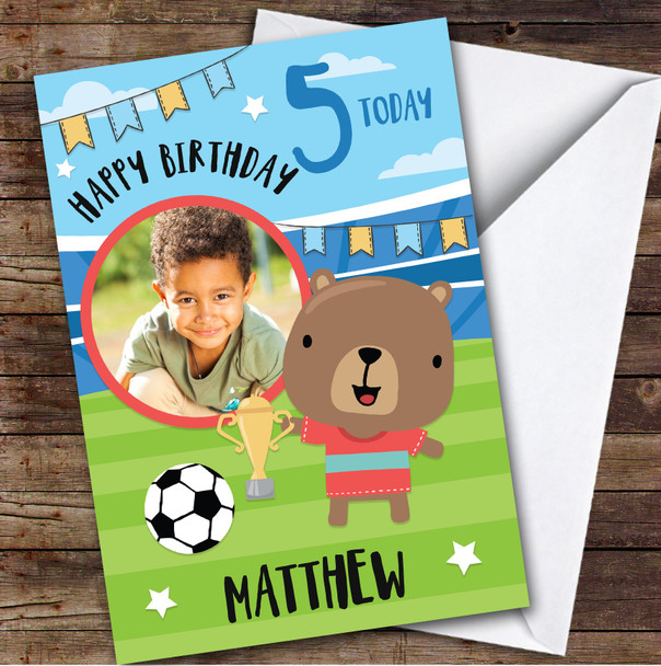 Boy's Football Bear Trophy Photo 5th Birthday Personalized Birthday Card