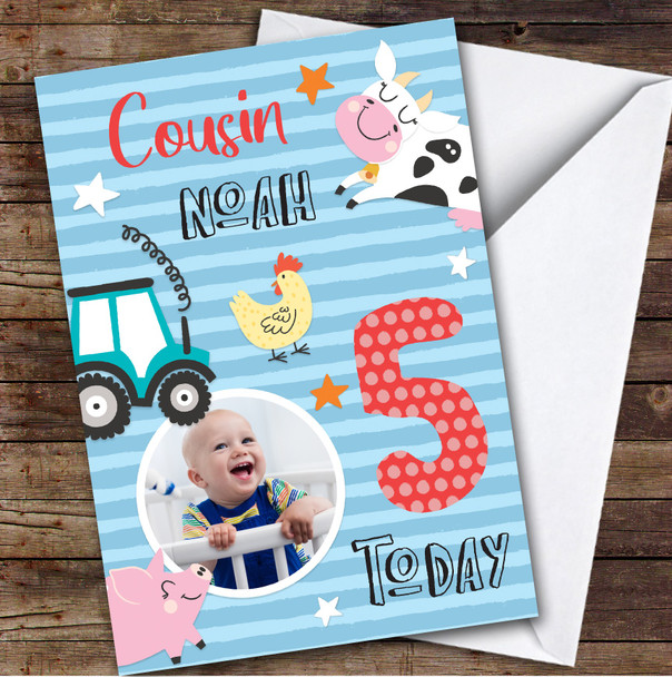 Boy's Farm Animals Photo Cousin 5th Birthday Personalized Birthday Card