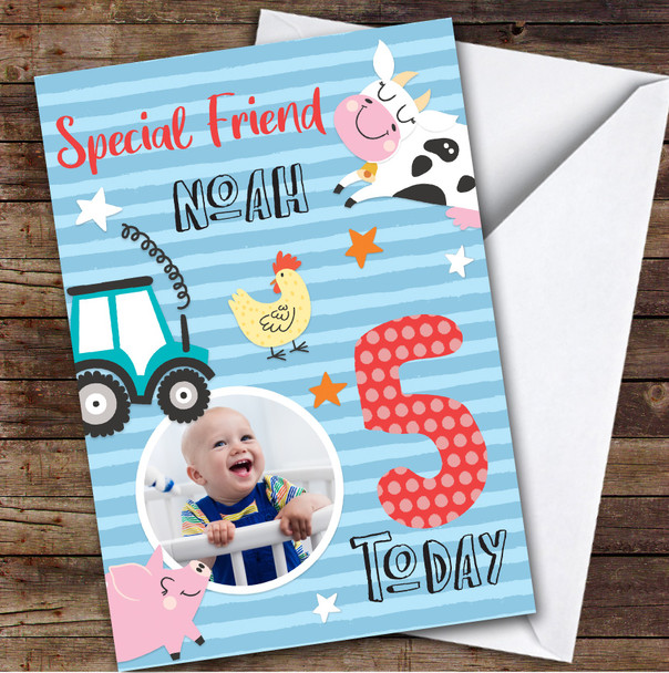 Boy's Farm Animals Photo Friend 5th Birthday Personalized Birthday Card